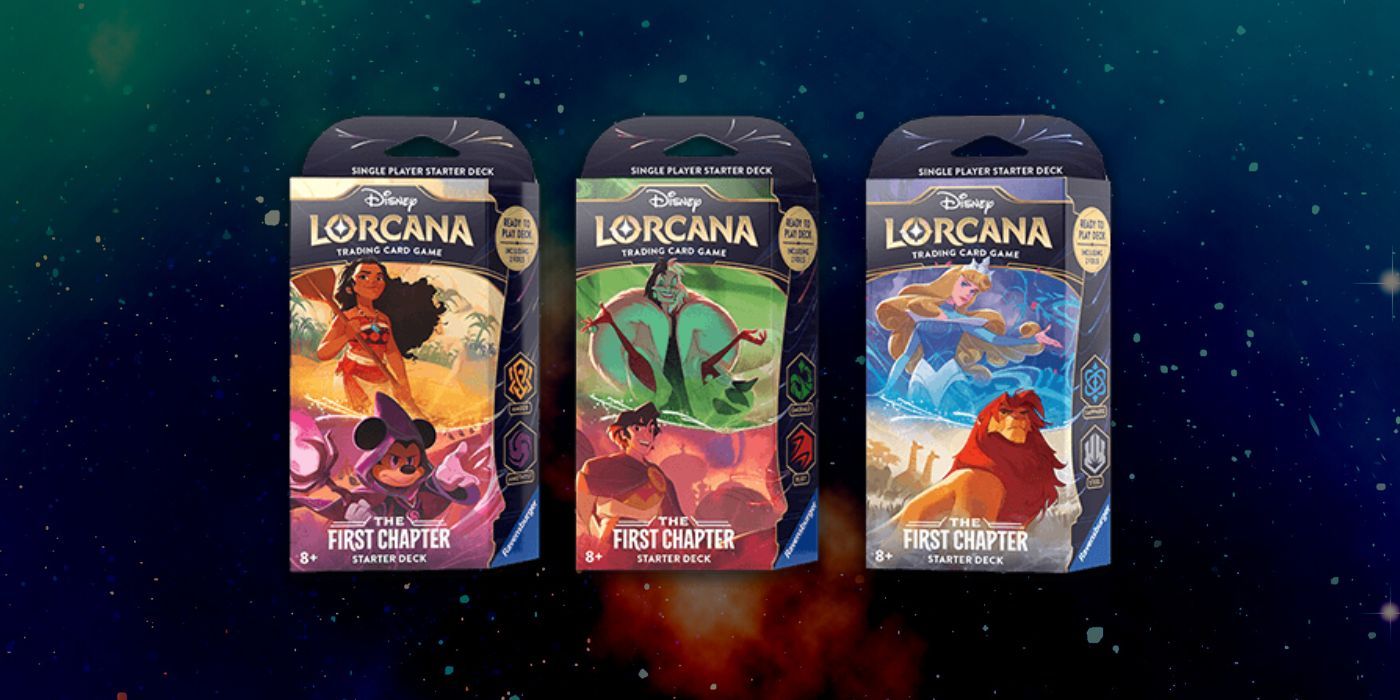 Disney Lorcana First Chapter Starter Decks - Image shows 3 deck packs, one featuring Mulan and Mickey, one featuring Cruella and Aladdin, and one featuring Aurora and Simba