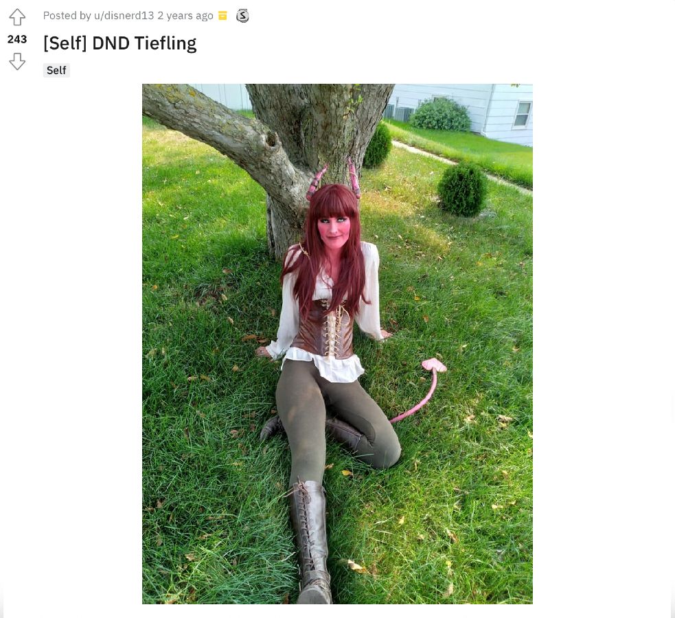 A mock-up Reddit post showing a tiefling cosplay.