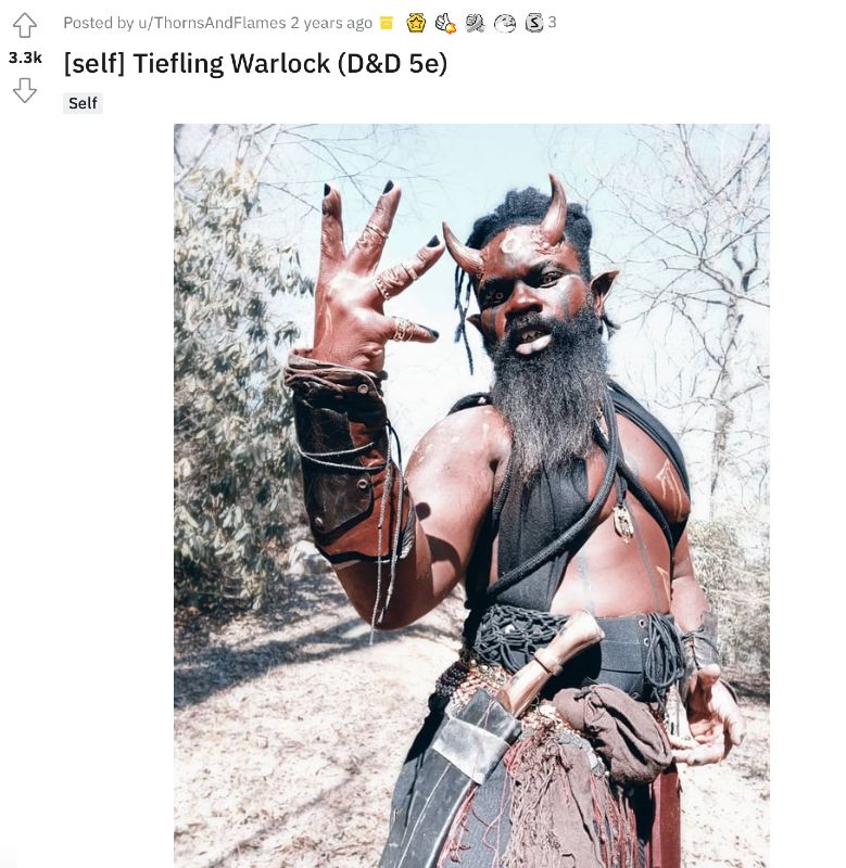 A mock Reddit post for a D&D tiefling cosplay.