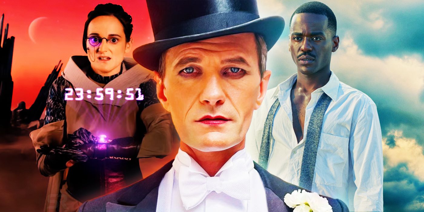 Sooz Kempner as Doom, Neil Patrick Harris as the Toymaker, Ncuti Gatwa as the Fifteenth Doctor.