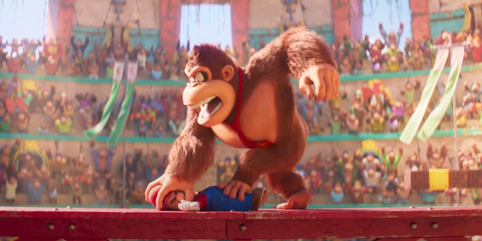 Donkey Kong pins Mario down in The Super Mario Bros Movie