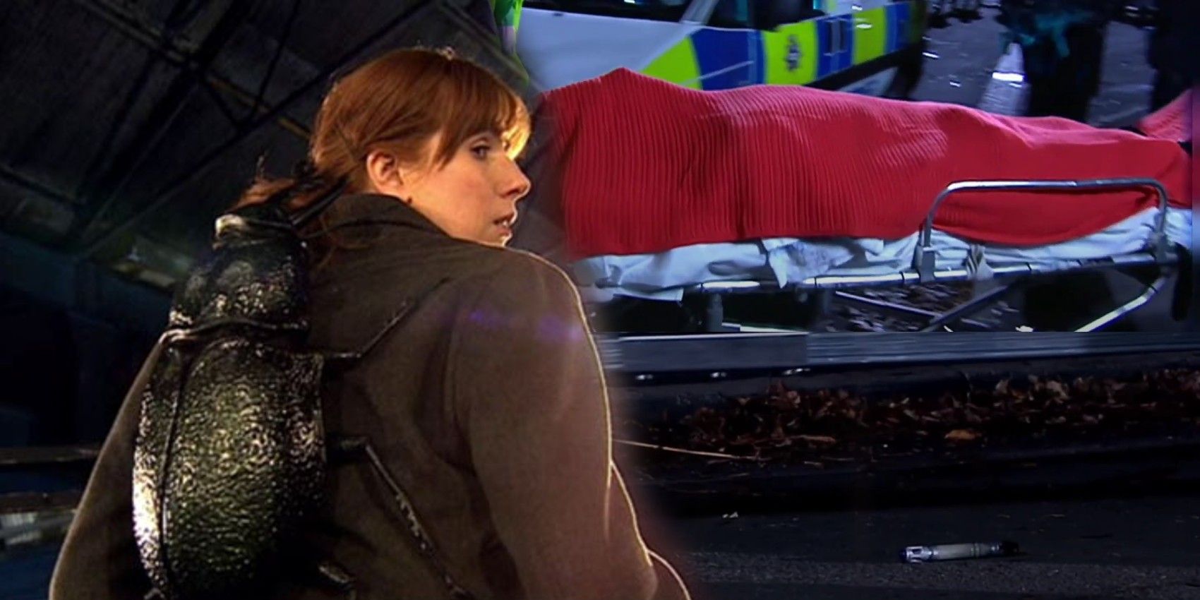 Donna with a Time Beetle on her back, alongside the Doctor's body, with his sonic on the ground, in Doctor Who, Turn Left