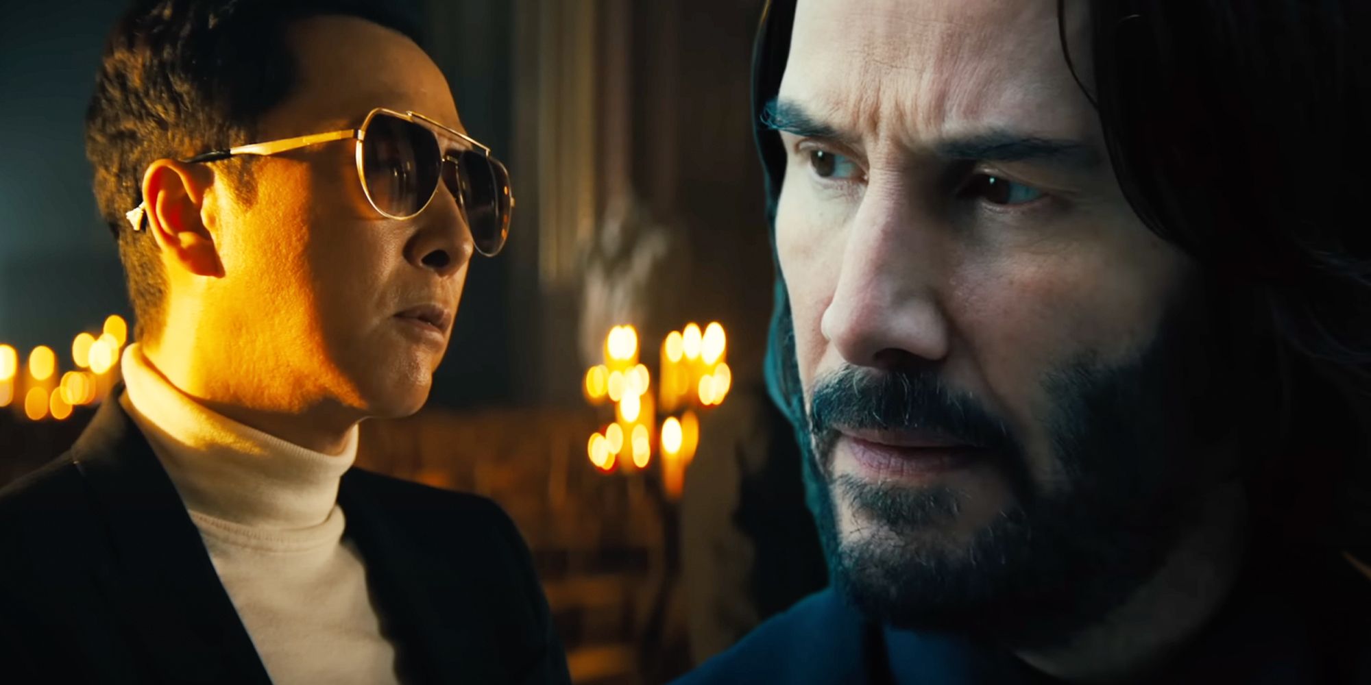 Donnie Yen's Caine  in front of candles and Keanu Reeves John Wick John Wick Chapter 4