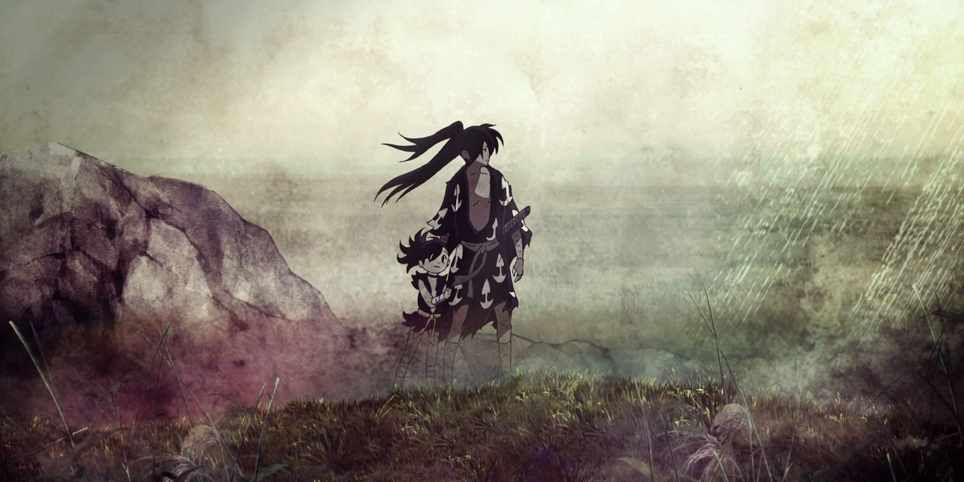 Dororo and Hyakkimaru standing on a clifftop looking at the horizon