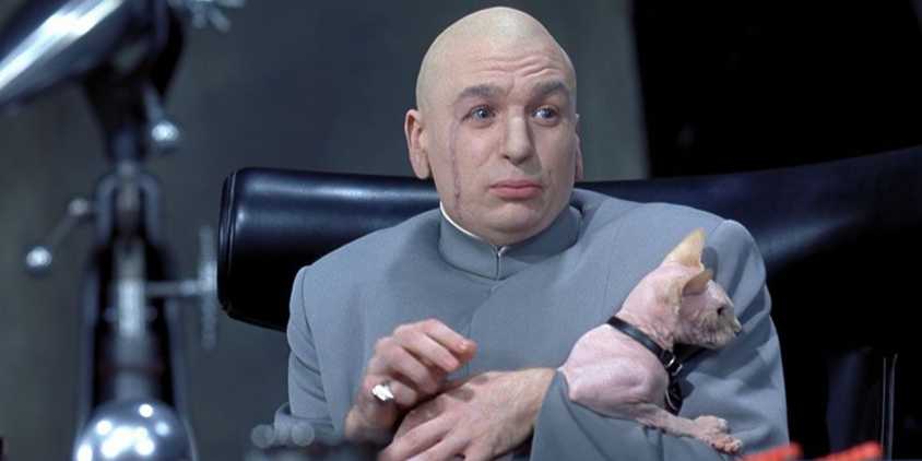 Dr. Evil striking his hairless cat in a scene from Austin Powers
