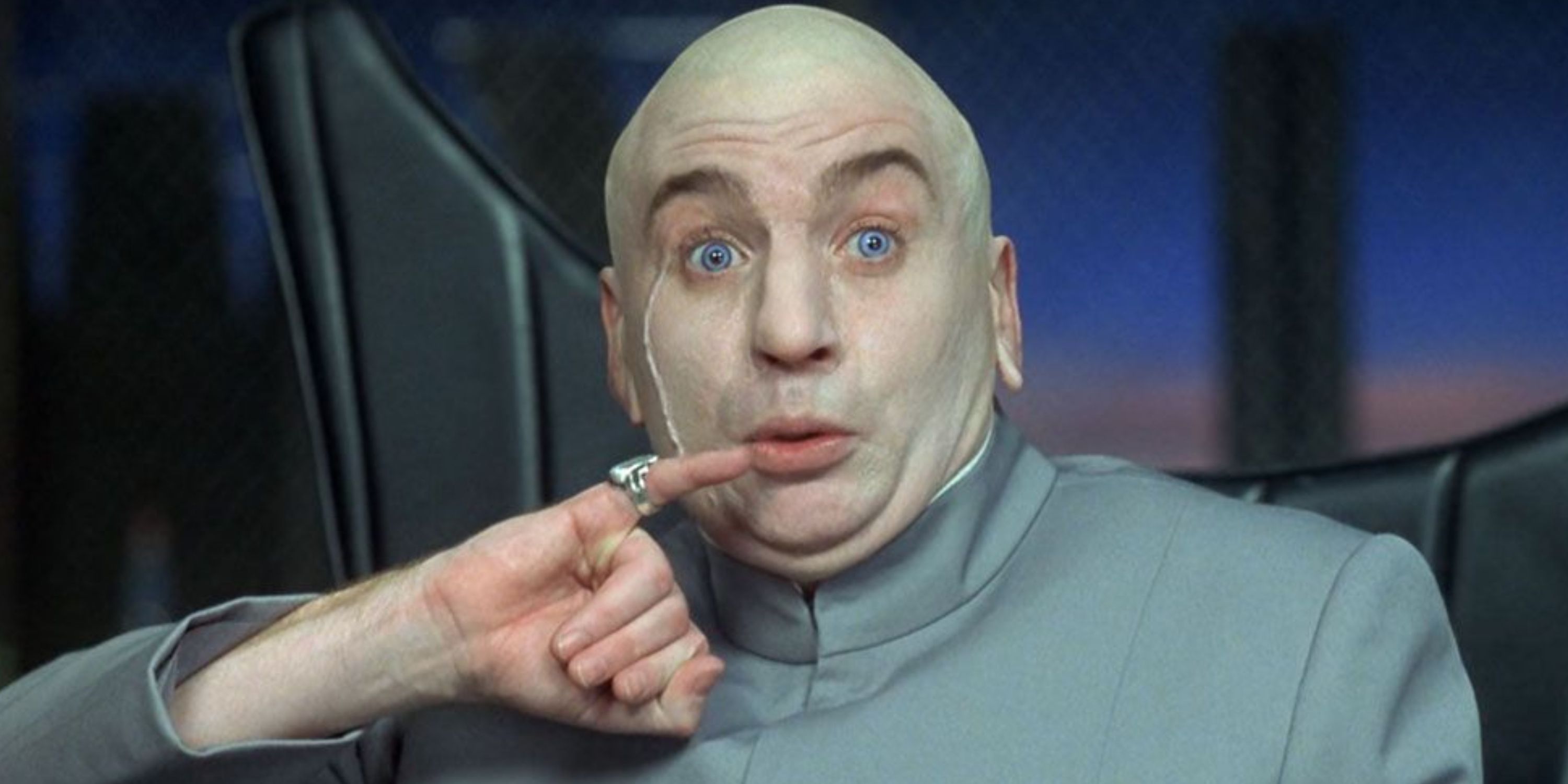 Dr. Evil wide-eyed, pinky on the side of his mouth, in a scene from Austin Powers.