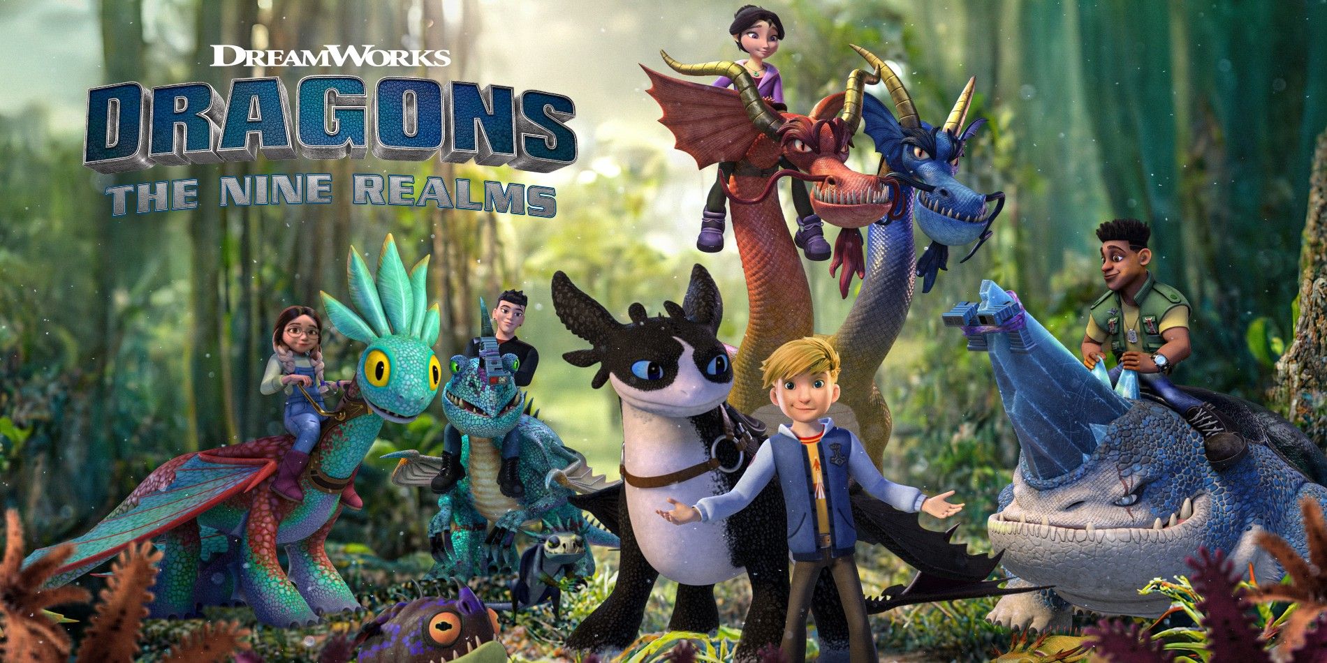 The promotional artwork for Dragons: The Nine Realms features five young characters paired with different brightly colored dragons.