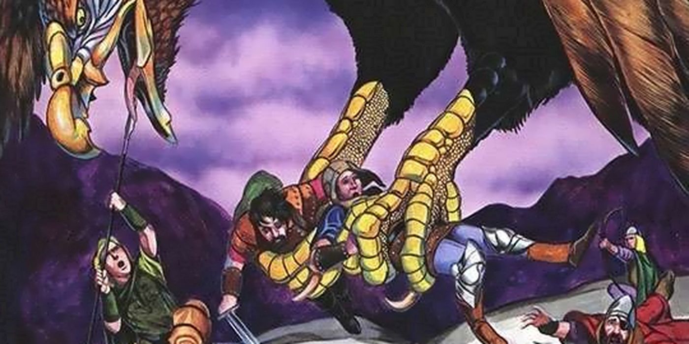 A pair of giant bord talons grab two adventurers as their friends fight the giant bird in vain