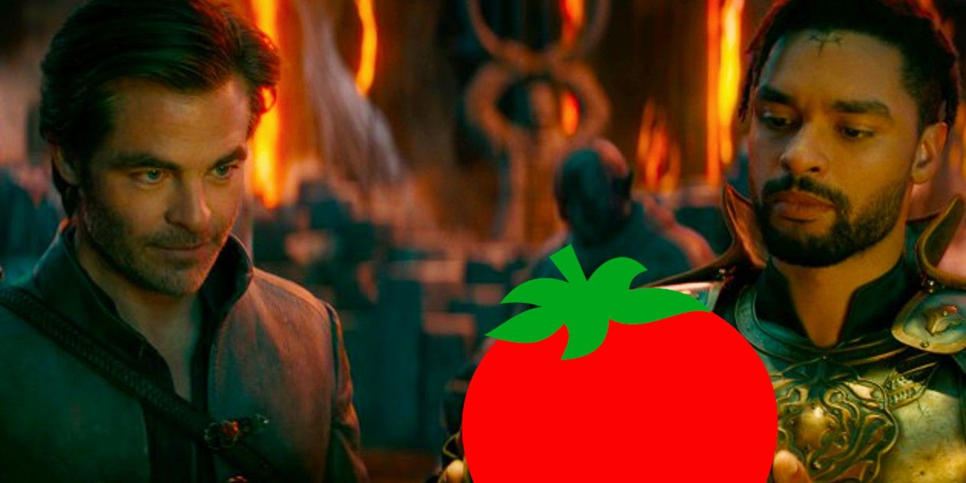 Chris Pine and Regé-Jean Page staring at a tomato in Dungeons & Dragons Honor Among Thieves