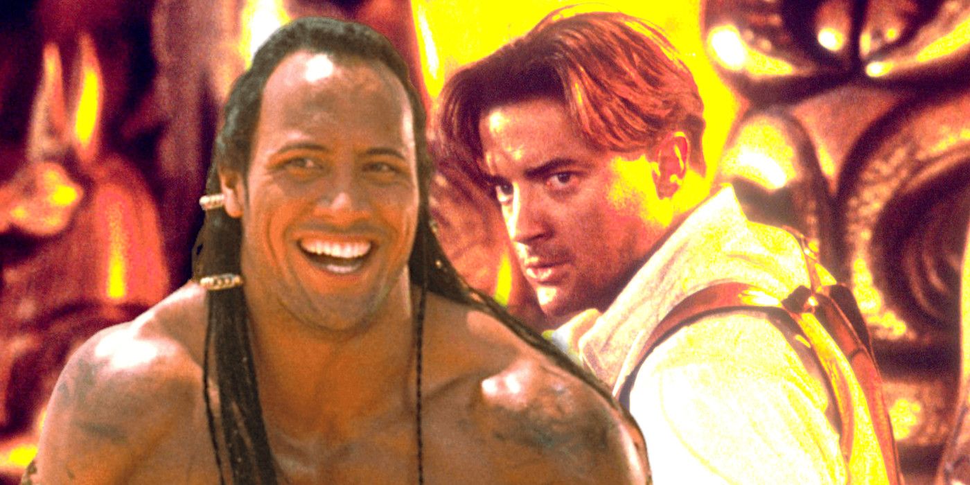 Dwayne Johnson as the Scorpion King in The Mummy Returns, shirtless and long-haired and smiling gleefully, backdropped by Brendan Fraser in The Mummy Returns looking intense against a flaming background