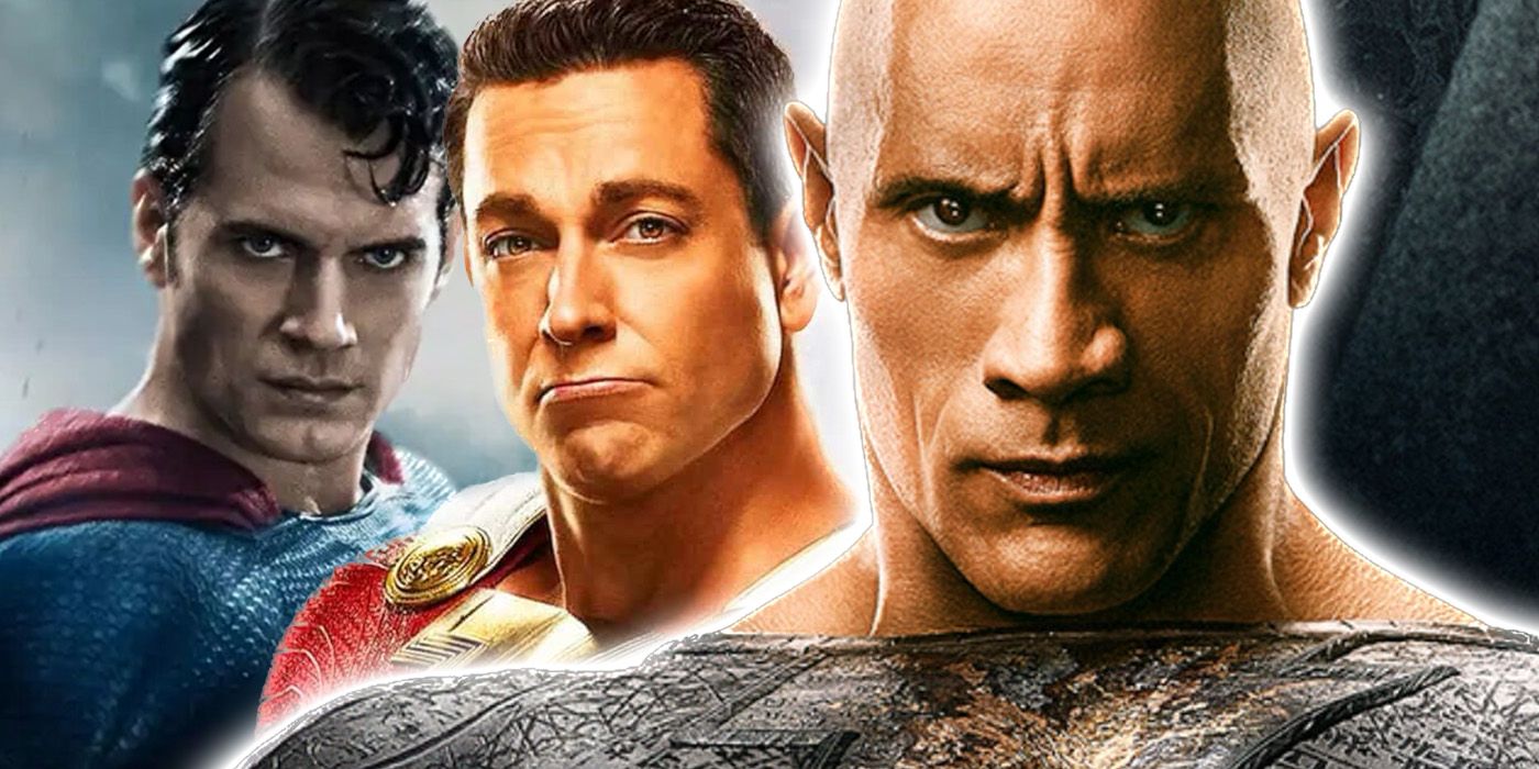 dwayne johnson zachary levi e henry cavill como adão negro shazam e superman em filmes da dc