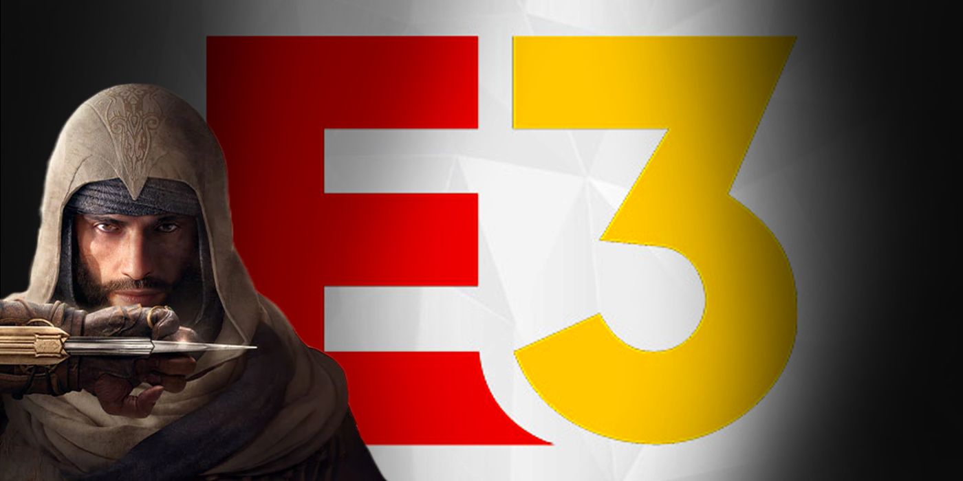 The E3 logo with a black vignette and a character from the Assassin's Creed Mirage promotional art on the left.