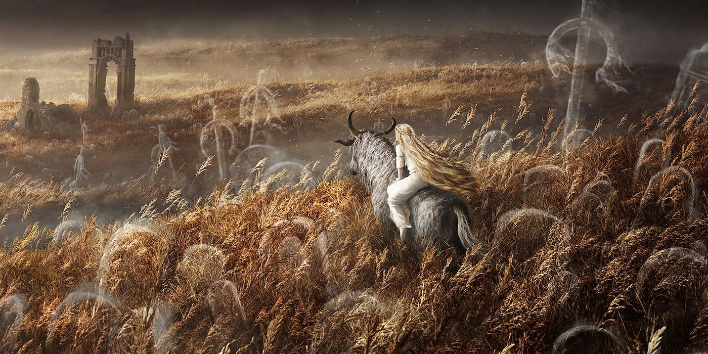 Elden Ring: Shadow of the Erdtree teaser image depicts a robed figure with long golden hair riding Torrent, the horned horse.