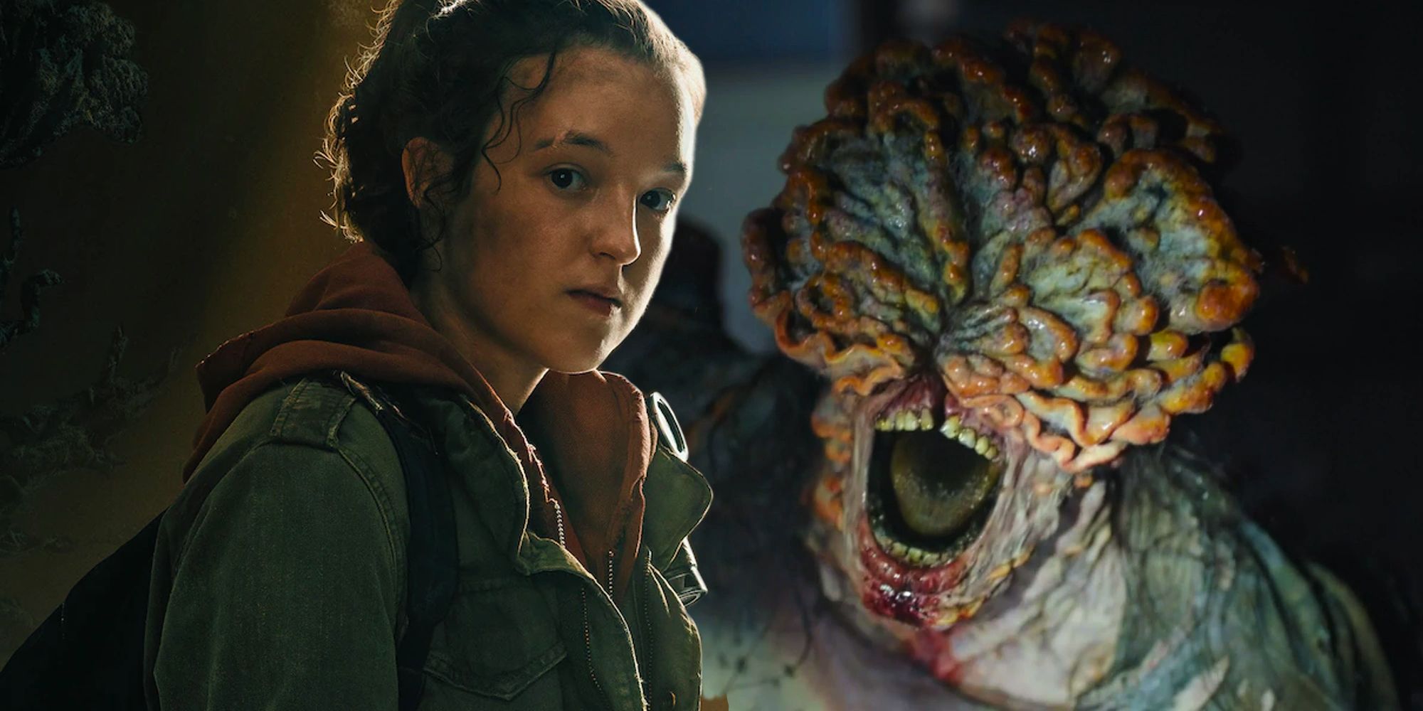 Ellie's character poster and a clicker yelling at Ellie, Joel and Tess from The Last of Us on HBO