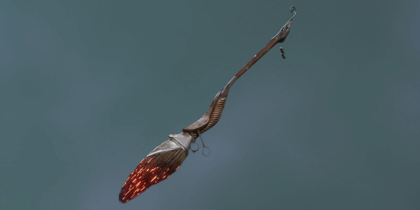 A render of the Ember Dash Broom in Hogwarts Legacy against a grey background.