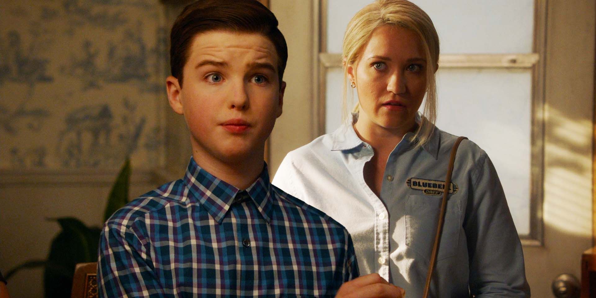 Emily Osment as Mandy and Iain Armitage as Sheldon Cooper in Young Sheldon season 6 episode 1