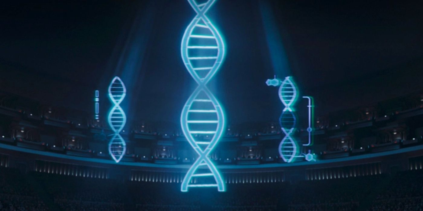 Hologramas de hebras de ADN proyectadas por el Dr. Pershing en The Mandalorian temporada 3, episodio 3