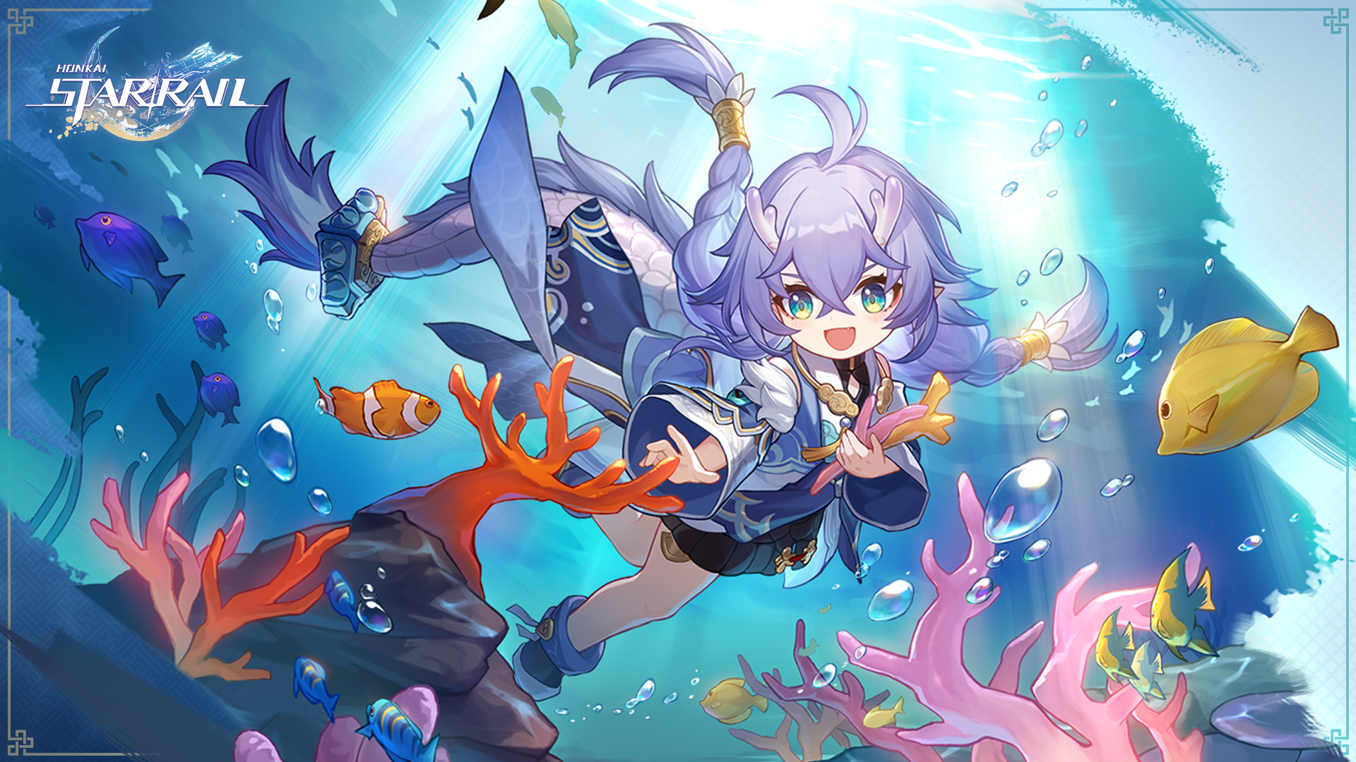 Un key-art oficial de Honkai: Star Rail que presenta a Bailu, un niño pequeño con cabello púrpura y cuernos cortos como los de un ciervo, nadando bajo el agua, alrededor de peces y corales.