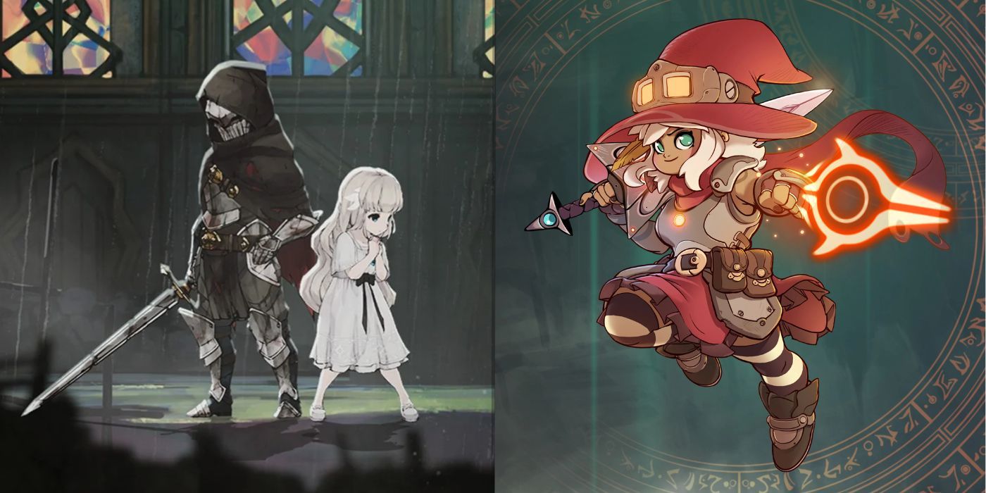 A shot from Ender Lilies is on the left with the White Priestess and one of her protectors, then a shot of The Knight Witch is on the right with her leaping in the air 
