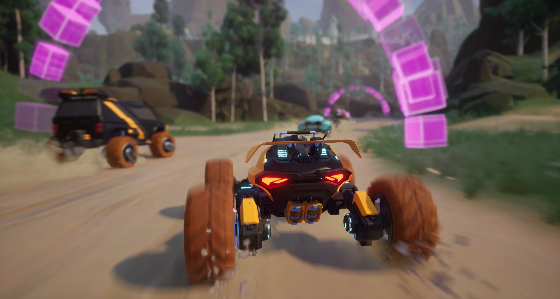 Vehicles with large brown wheels are racing on an offroad course with large purple wavepoints suspended above the track to race through.