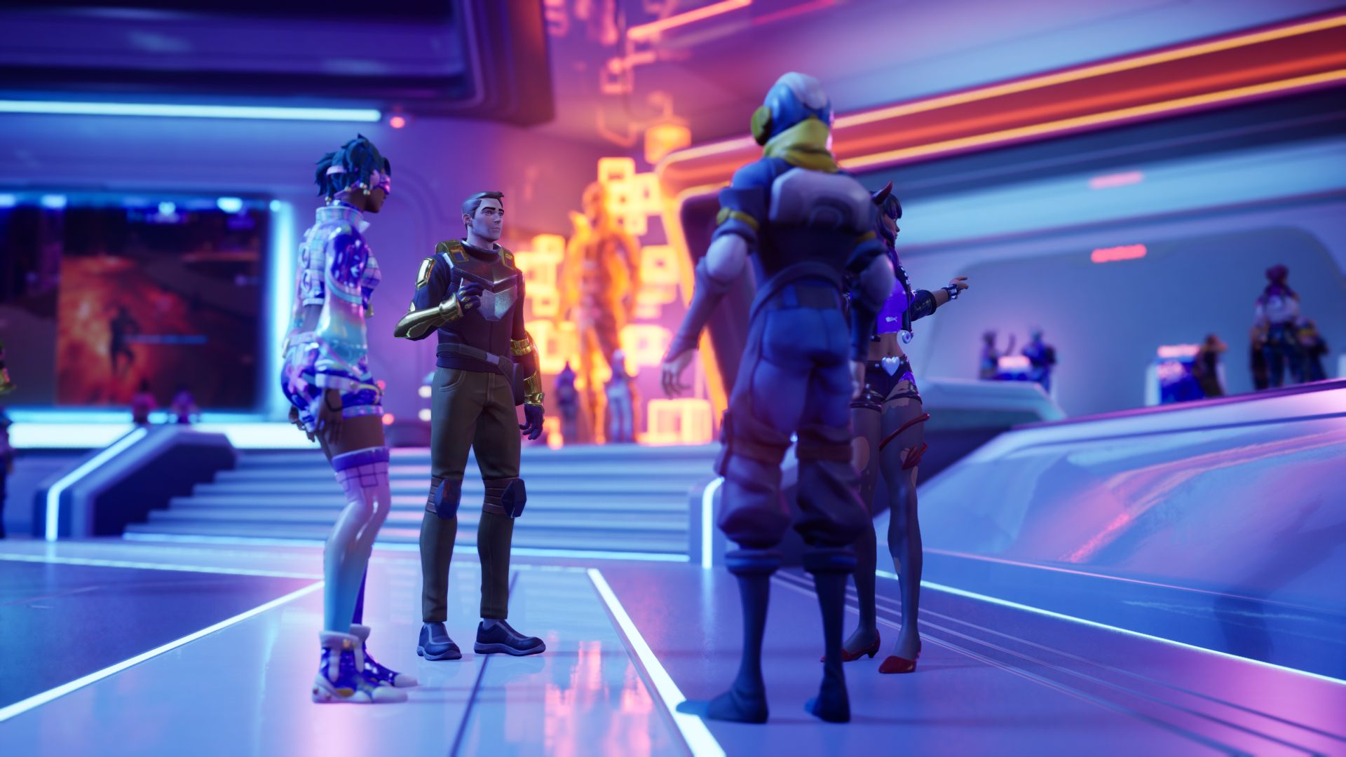 Four characters are seen standing in a neon-lit and futuristic looking lobby conversing towards each other while other players are seen chatting behind them.