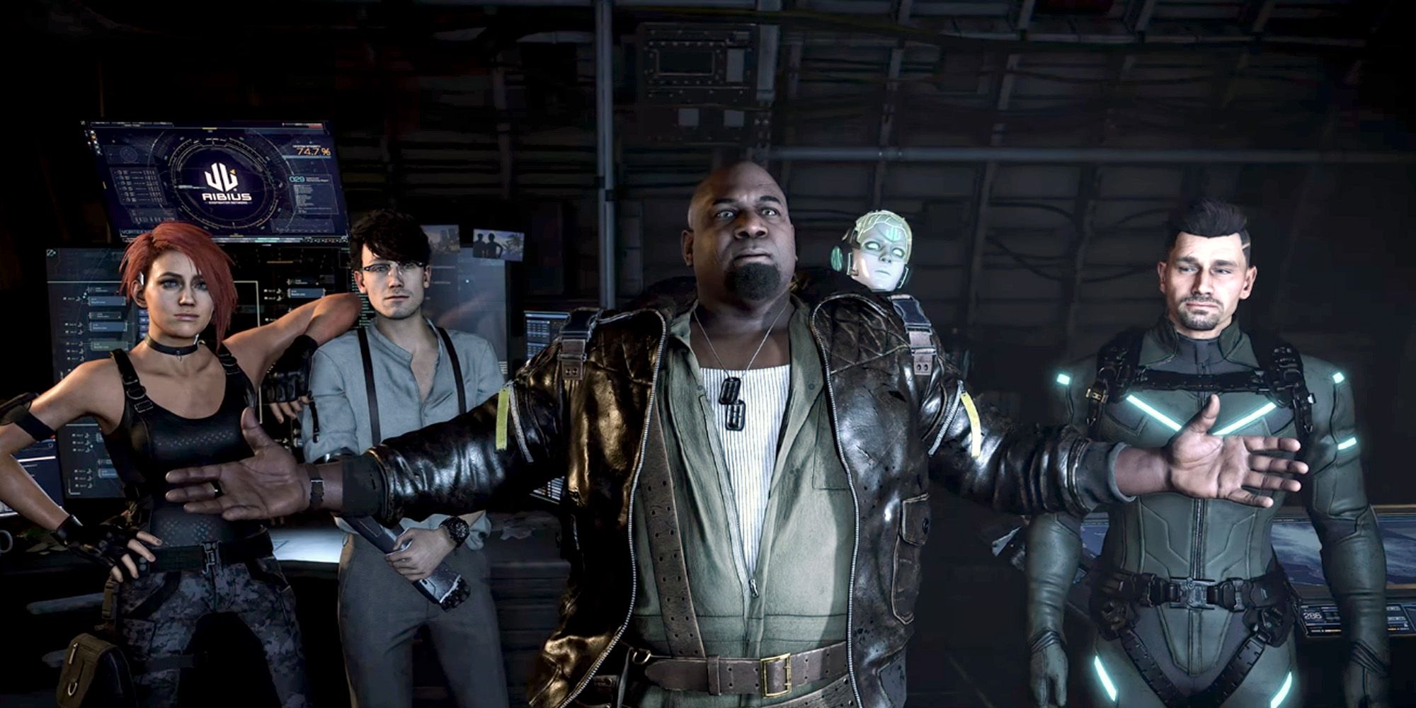 Cast of characters from the upcoming game Exoprimal standing in front of a sci-fi computer system, four humans and one android.
