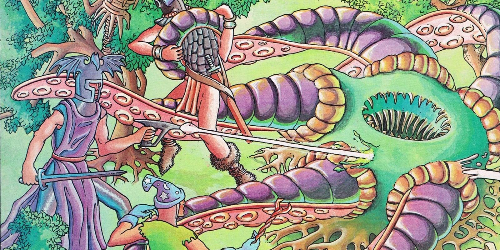 Two warriors and a wizard fight a strange alien tentacle monster