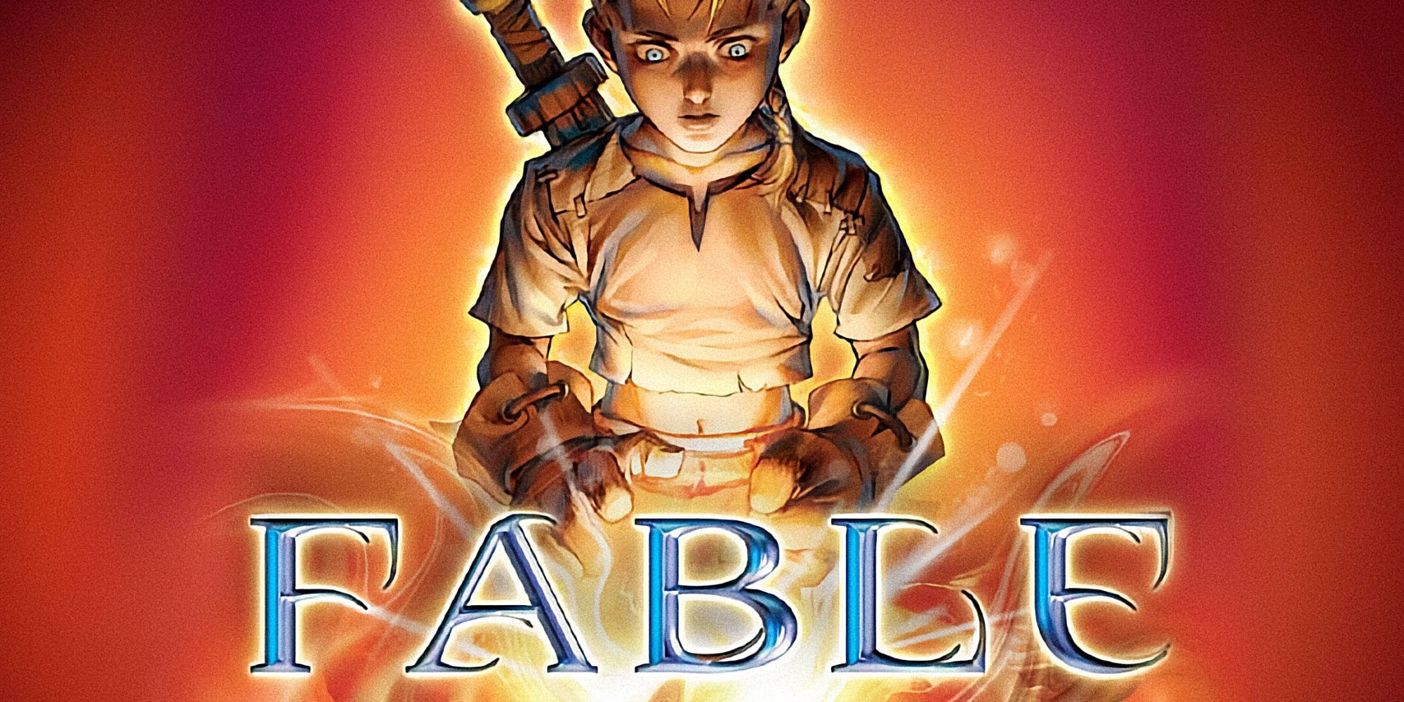 Box art for the first Fable game, showing the young protagonist looking down toward the title art, which has a magical glow behind it.