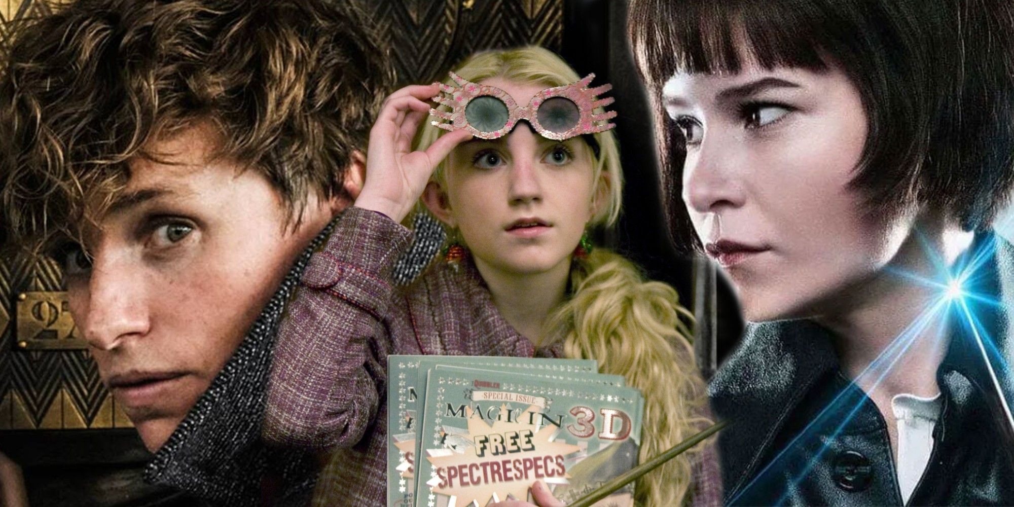 Composite image of Newt Scamander, Luna Lovegood, and Tina