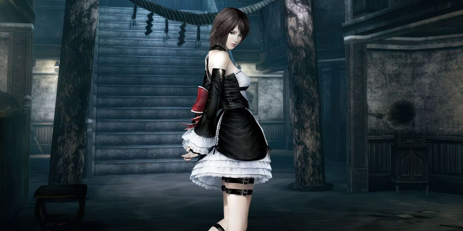 Ruka using the Marie Rose outfit in Fatal Frame Mask of the Lunar Eclipse Remaster. Behind her is a dark hallway with an old torii gate.