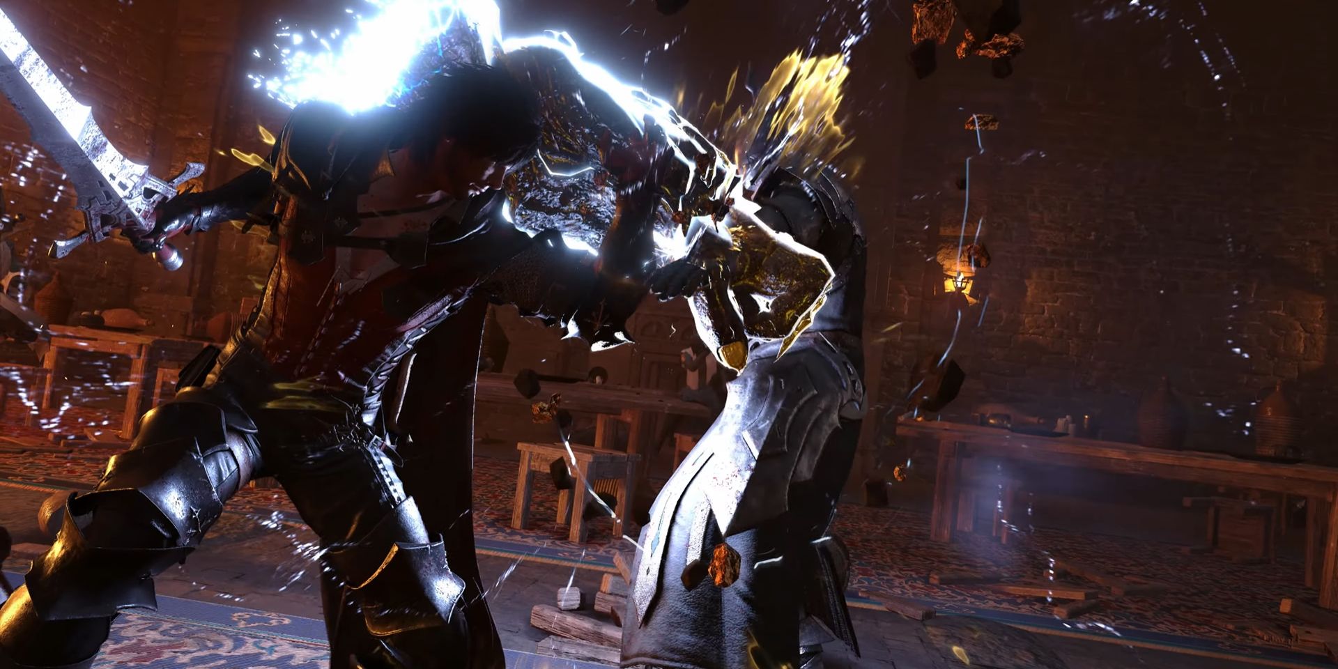Clive engages an enemy in combat in Final Fantasy 16, appearing to cast a lightning spell.