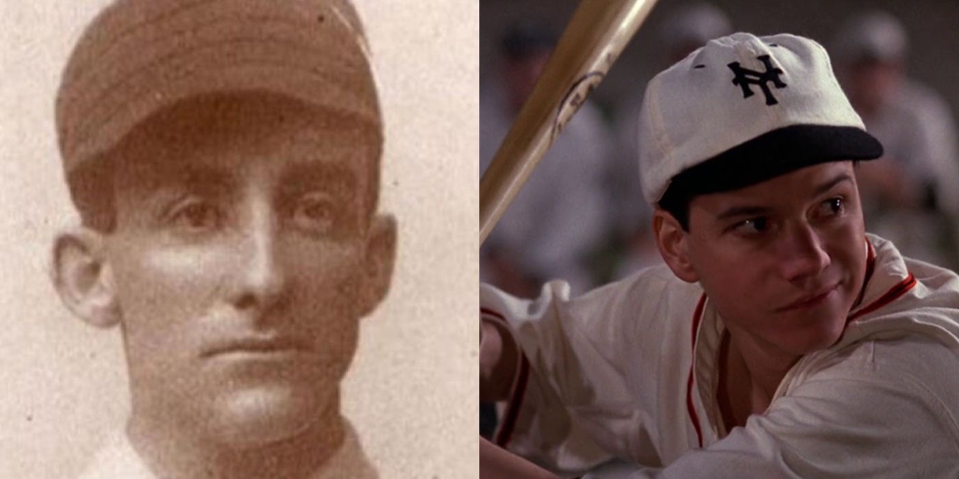 A split image of Archie Graham in real life and in Field of Dreams