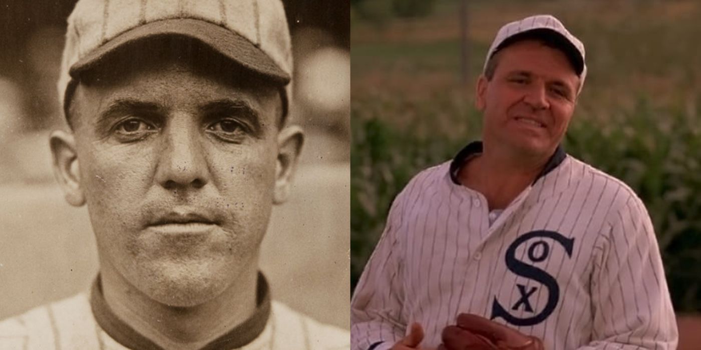 A split image of Eddie Cicotte in real life and in Field of Dreams
