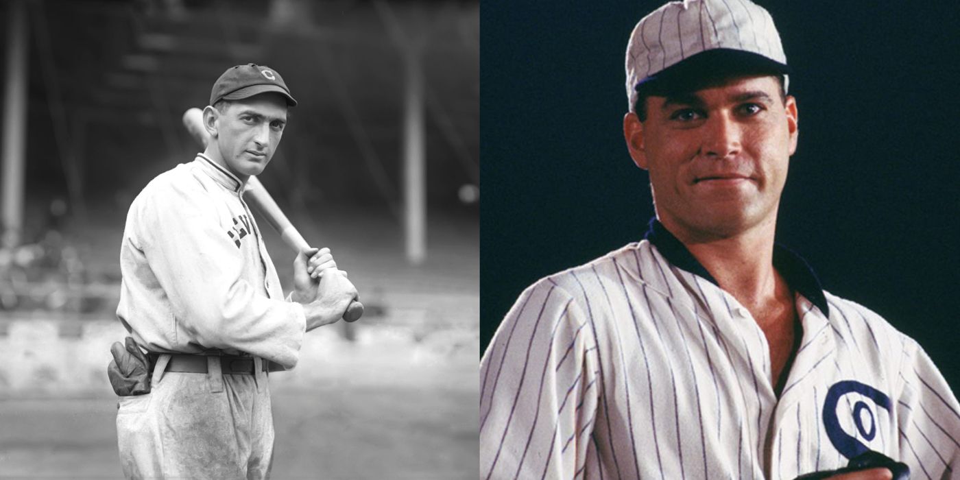 A split image of Shoeless Joe Jackson in real life and in Field of Dreams