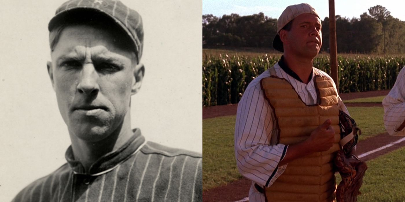A split image of Swede Risberg in real life and in Field of Dreams