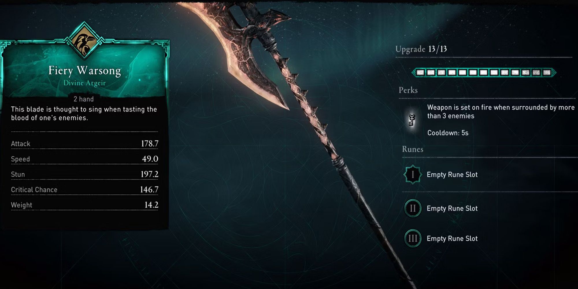 Image of the Fiery Warsong polearm and its stats in Assassin's Creed Valhalla