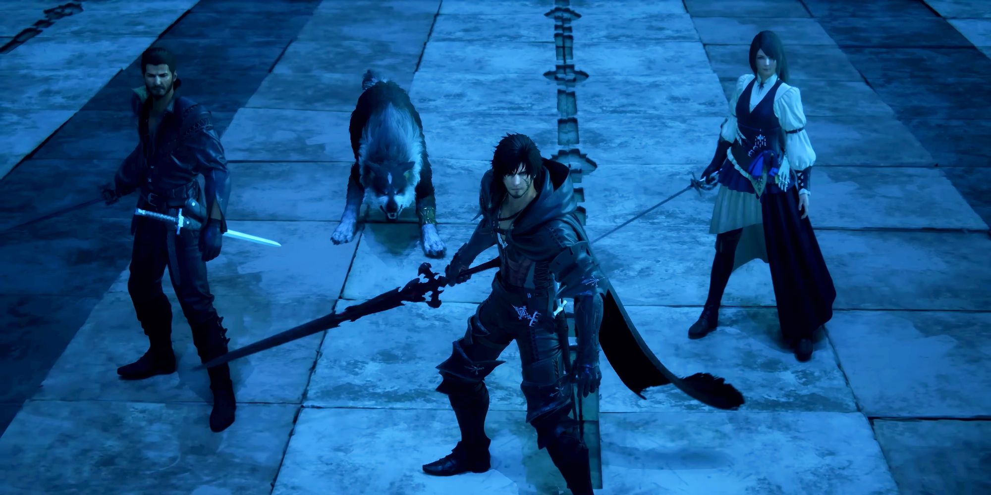 Clive Rosfield, Final Fantasy 16's protagonist, standing with his sword drawn next to his dog companion and two other characters.