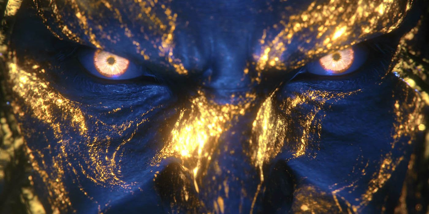 A close-up of Hugo's eyes from Final Fantasy 16 as he transforms into the Eikon Titan.