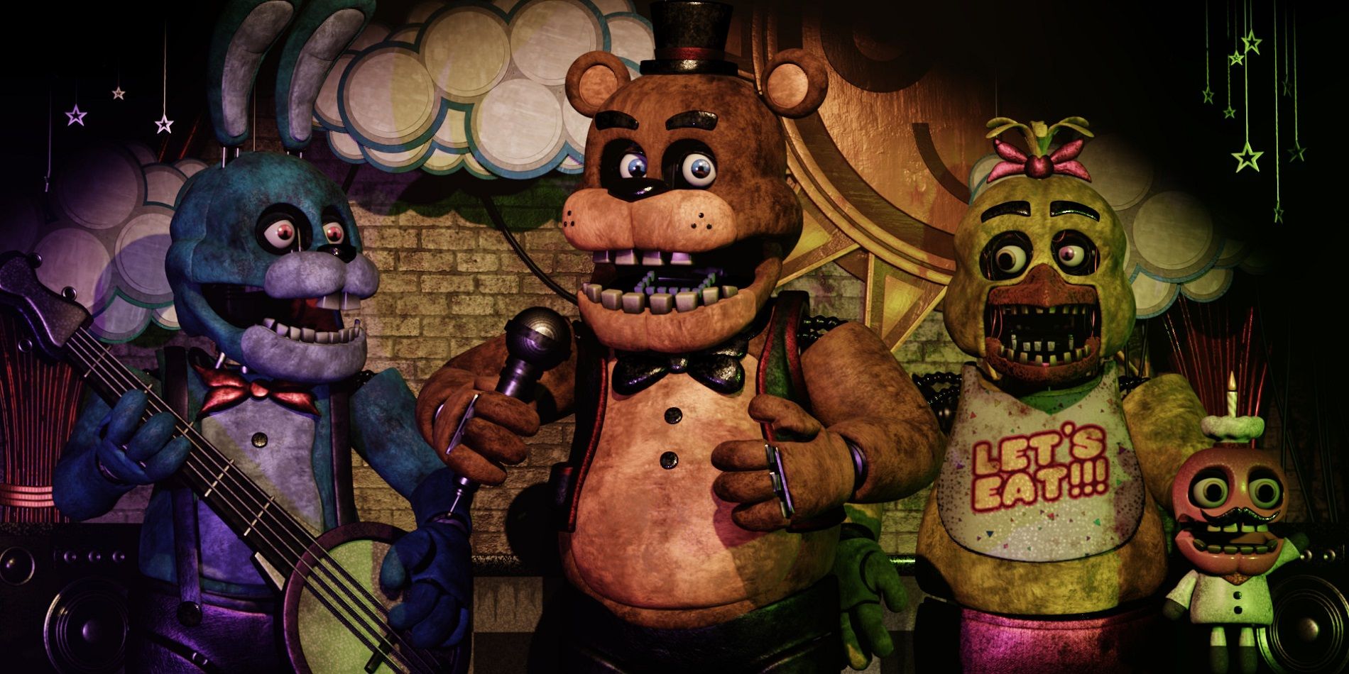 Freddy Bonnie and Chica on stage in Five Nights At Freddy's