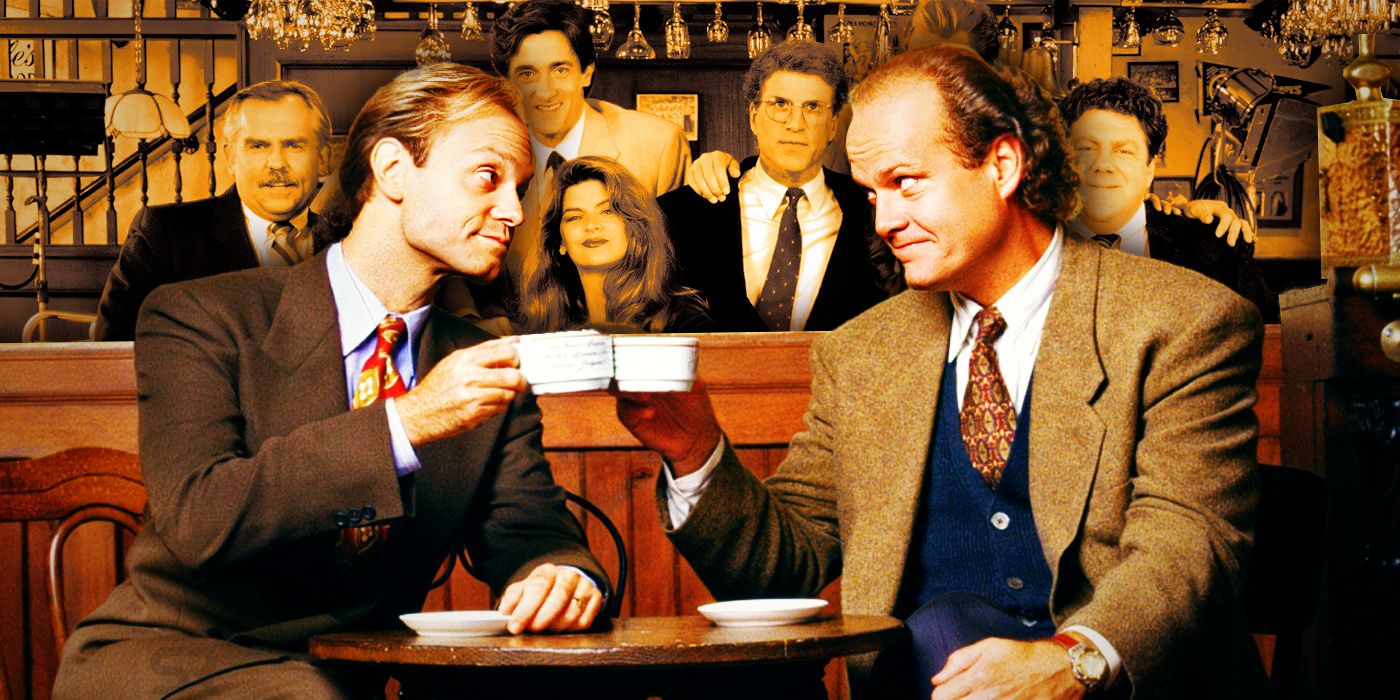 Frasier and Niles with the Cheers cast in the background