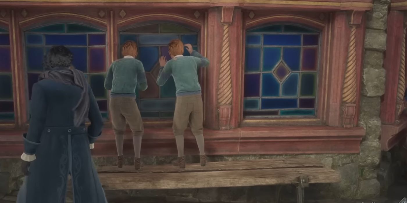 Two identical twin boys with red hair and hand-me-downs looking into the window of Zonko's in Hogwarts Legacy.