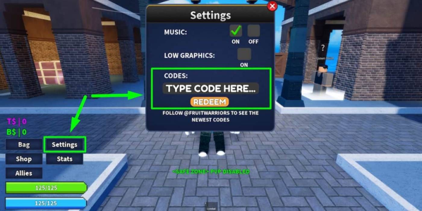 Roblox Fruit Warriors Redeeming Codes Through Settings Option on Left Side of Screen