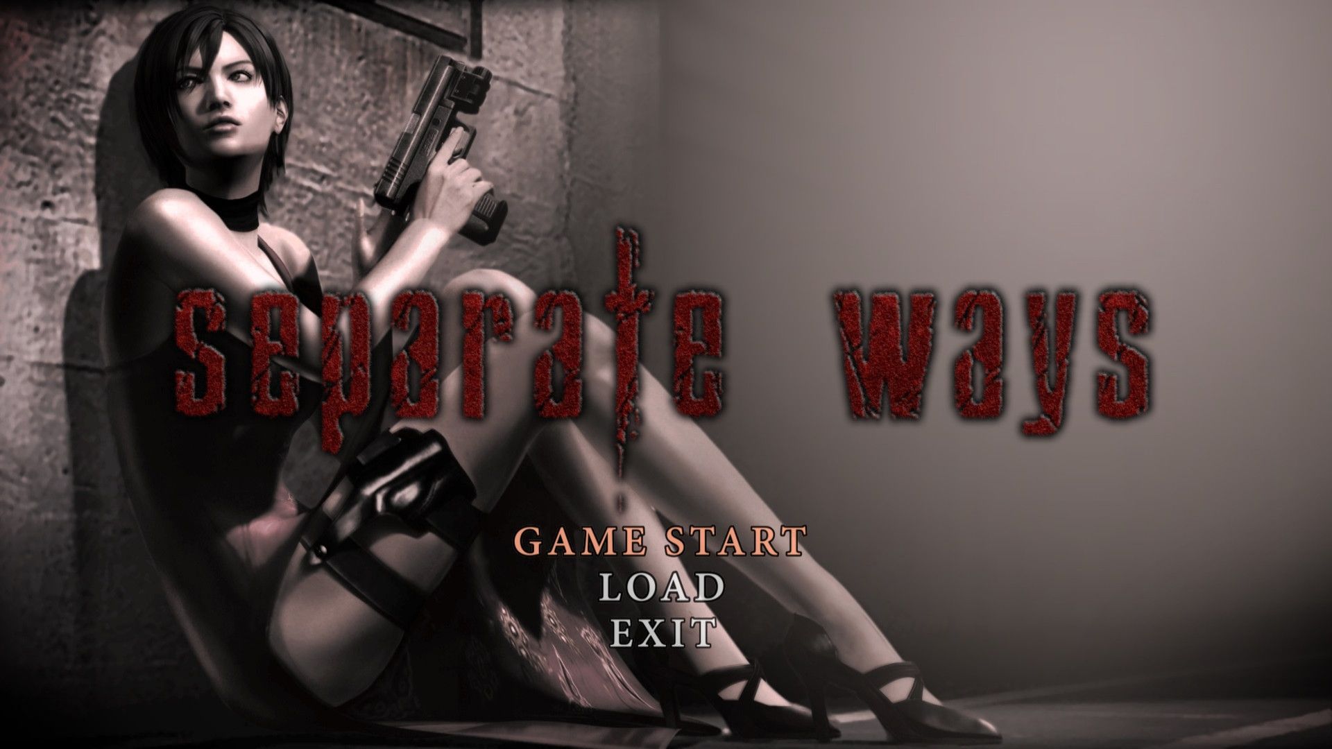 The title screen for Resident Evil 4's Separate Ways bonus mode, featuring Ada Wong sitting against a wall and holding up a pistol.