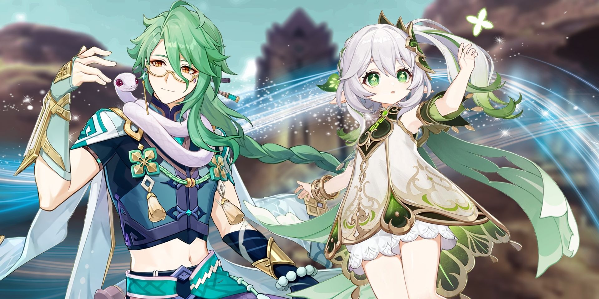 Genshin Impact&rsquo;s Baizhu on the left and Nahida on the right. Behind them is a blue flow of energy and in the background is an image of the Sumeru desert.