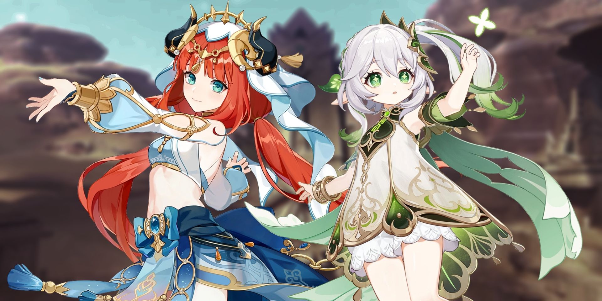 Genshin Impact&rsquo;s Nilou on the left and Nahida on the right. In the background is an image of the Sumeru desert.