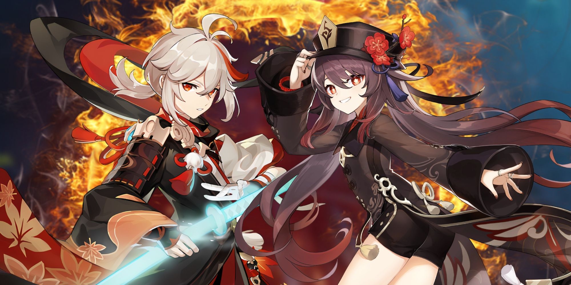Genshin Impact&rsquo;s Kazuha to the left and Hu Tao to the right with a ring of fire behind them.