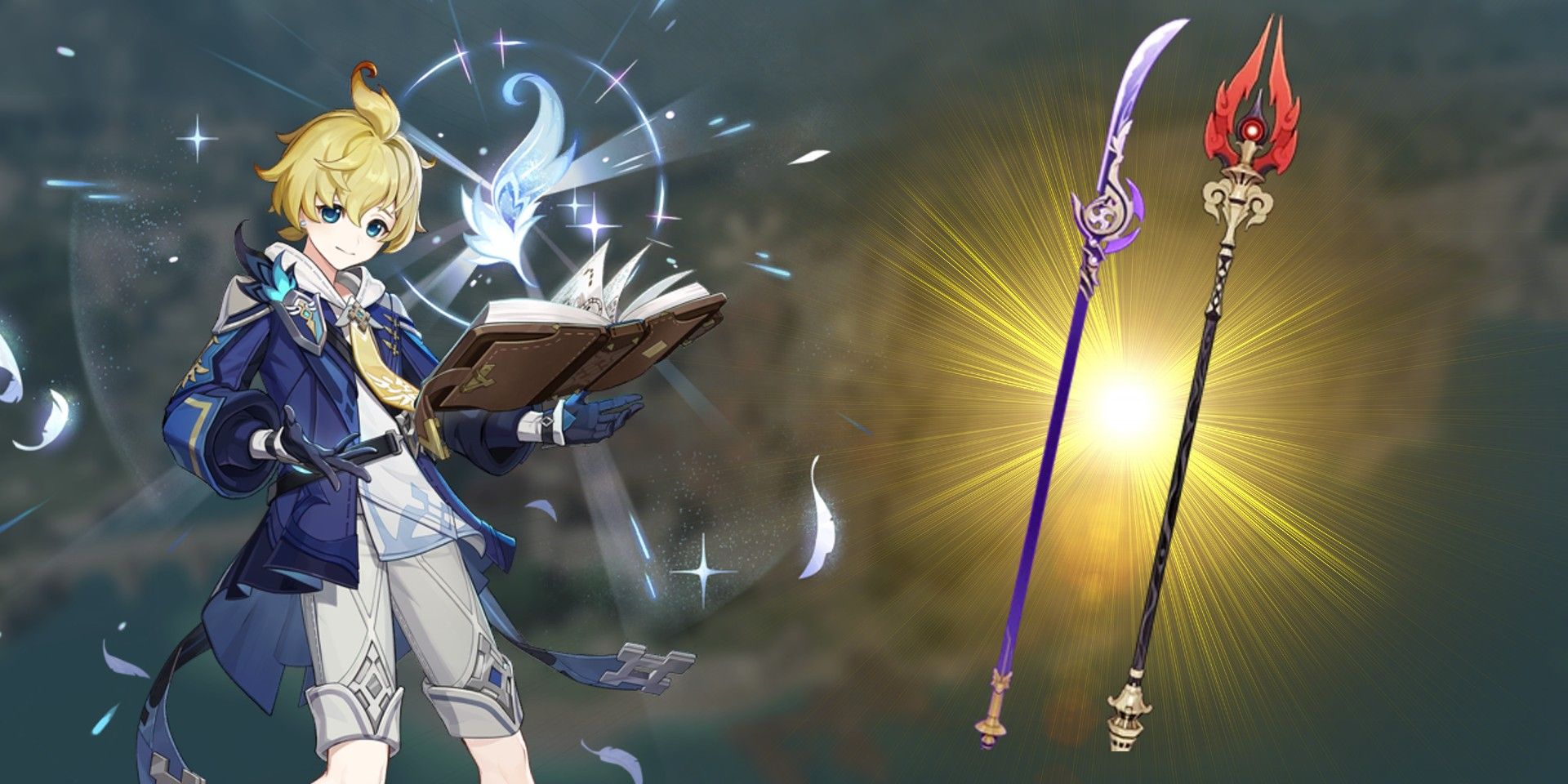 Genshin Impact's Mika poses on the left. Engulfing Lightning and Staff of Homa are to the right, with a yellow backlight.
