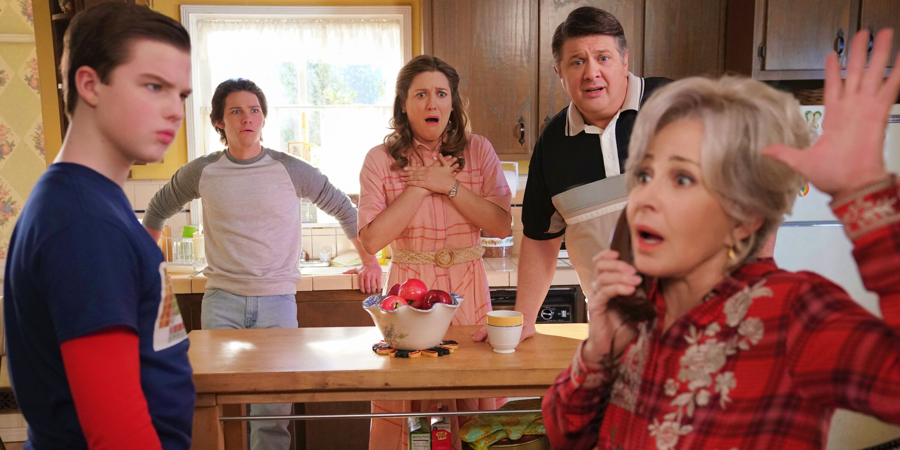 George, Mary, Georgie, and Sheldon looking at Meemaw with a shocked look in their faces in Young Sheldon season 6