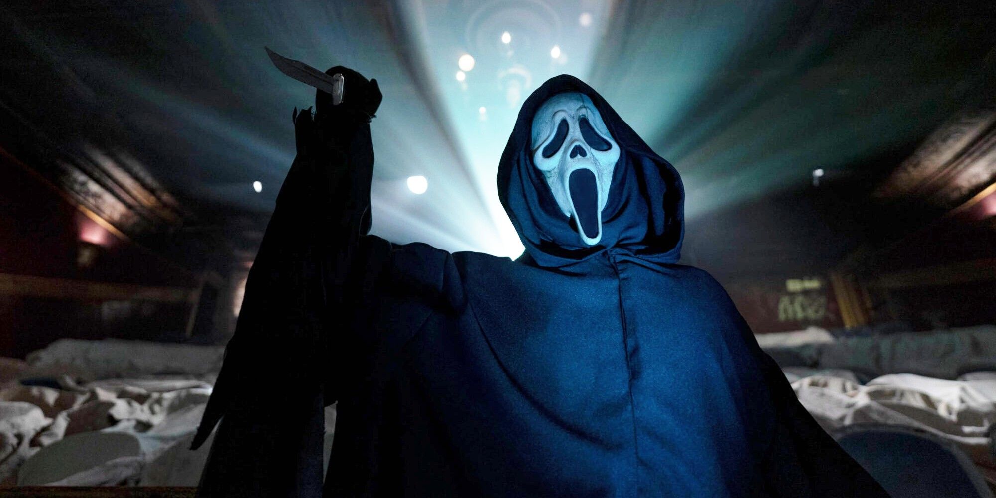 Ghostface with his knife aimed high in Scream 6 ending