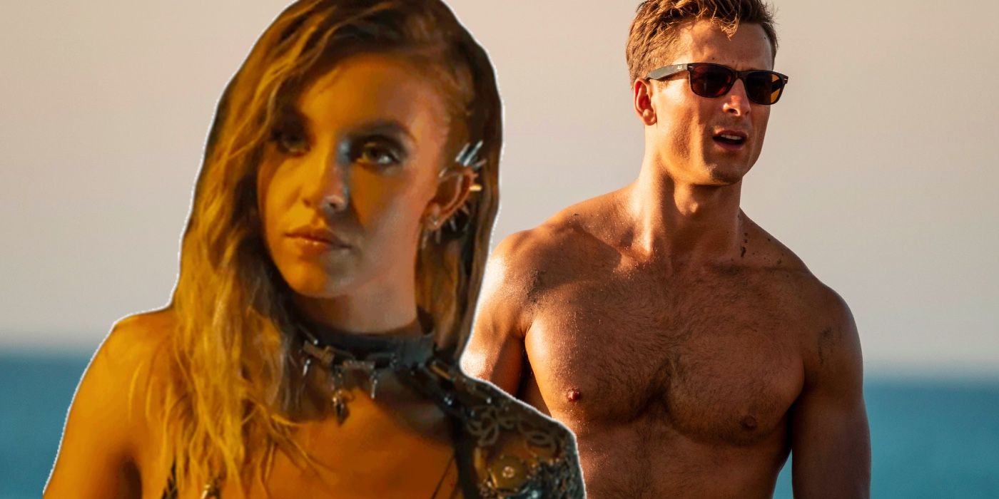 Glen Powell shirtless at the beach in Top Gun Maverick and Sydney Sweeney looking sternly in The Voyeurs